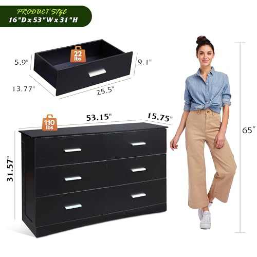 WLIVE Wood Dresser for Bedroom, Wide Chest of Drawers with 6 Drawer, Oak Furniture Large Storage Tower Unit, Closet Store Organizer for Living Room, Hallway, Long Nightstand, Modern Minimalist Black