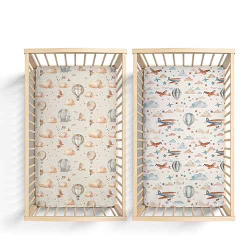 Image of 2 Pack Hot Air Balloon Plane Clouds Stars Pattern Baby Sheets for Crib, Unisex Hot Air Balloon Nursery Fitted Bed Sheet for Boys Girls Standard Crib and Toddler Mattress-28x52