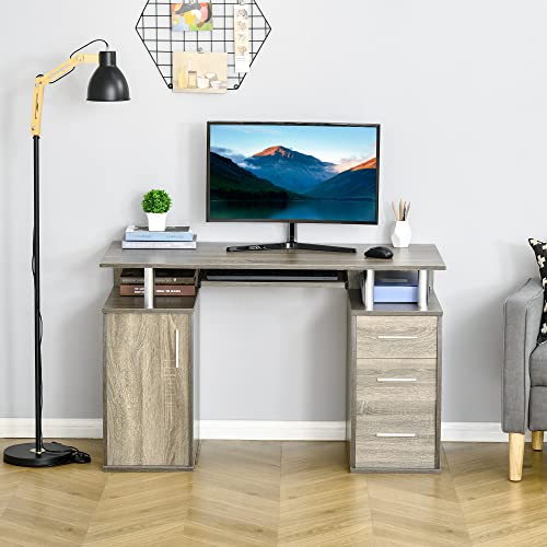 Homcom 47" Computer Desk With Keyboard Tray And Storage Drawers, Home Office Workstation Table With Storage Shelves, Grey Wood Grain #TOP1