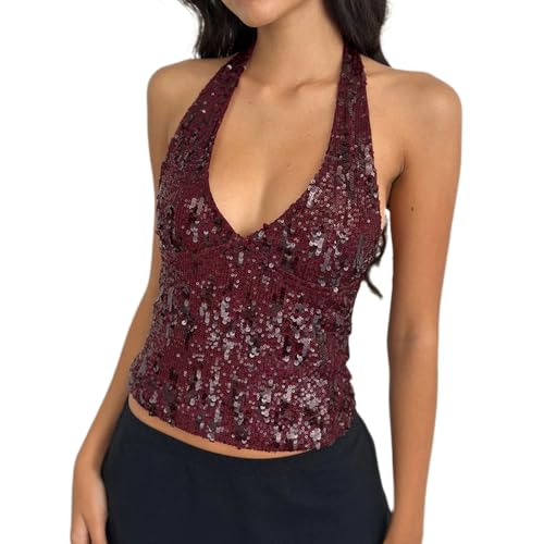 Halter Sequin Tank Tops for Women Summer Deep V Neck Backless Sleeveless Glitter Crop Vest Party Concert Outfits (Wine Red S)