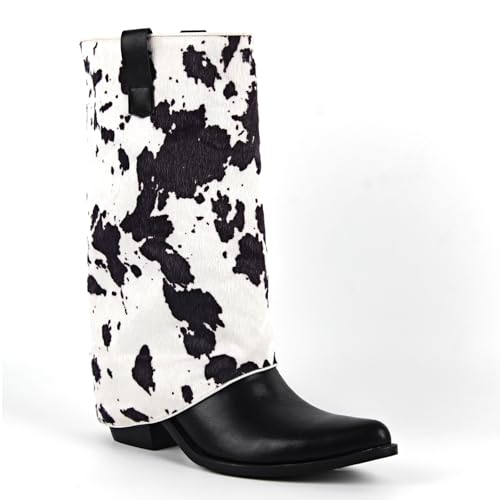 richealnini Sparkle Mid Calf Cow Print Western Boots for Women Pull On Stacked Classic Cowboy Boots 6