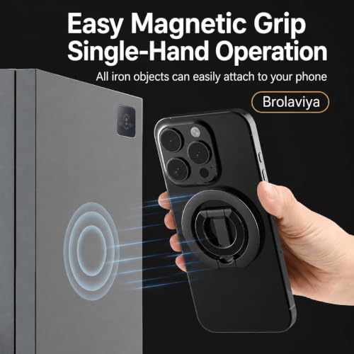 Image of BROLAVIYA Double-Sided Magnet with Kickstand Magnetic Phone Ring Holder Stand, Finger Grip, Foldable Metal Ring Compatible with iPhone 17 /16 /15 /14 /13 /12 & All Smartphones, Black