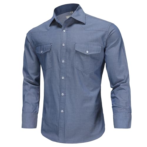 COEVALS CLUB Men's Denim Western Cowboy Pearl Snap Casual Button Down Up Long Sleeve Soild Work Shirt