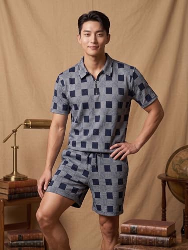 Image of Men's Printed Zip Polo Neck T-Shirt with Half Short Pant Co-ord Set Fabric, Stylish Printed Design, Comfortable Regular Fit