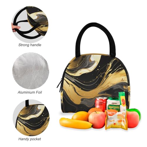 Backpack Lunch Box Set Large Capacity Travel Backpacks and Insulated Lunch Bag for Commute Hiking Picnic Gold Black Marble Print4