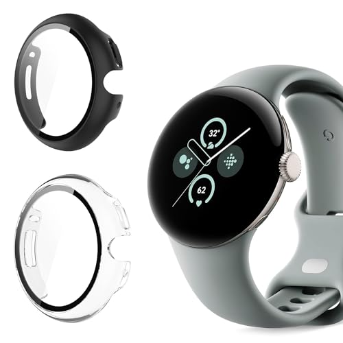 Holilo 2 Stück Hülle Mit Gehärtetes Glas Bildschirmschutz Kompatibles für Google Pixel Watch 2/Google Pixel Watch R&um Schutzhülle, Vollständige Abdeckung Schutzhülle Superdünne Schutz Hülle Cover