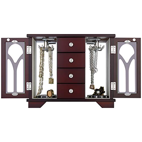 Jewelry Box - Made of Solid Wood with Cabinet Type 4 Drawers Organizer and 2 Doors on Sides Large Mirror - Dark Brown