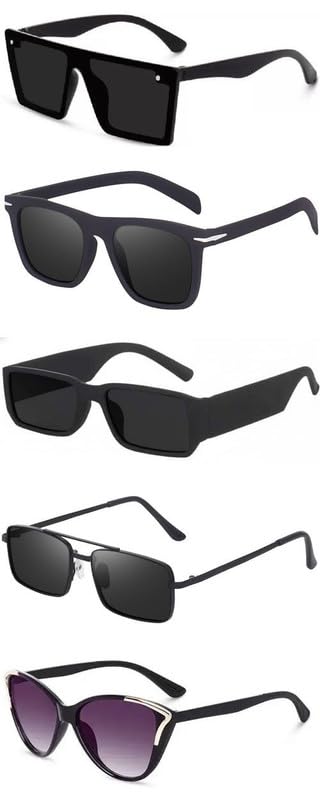 unisex combo offer pack of 5 shades unisex fashion sunglasses set, 5 pairs, metal frame, black and silver - combo5-26400