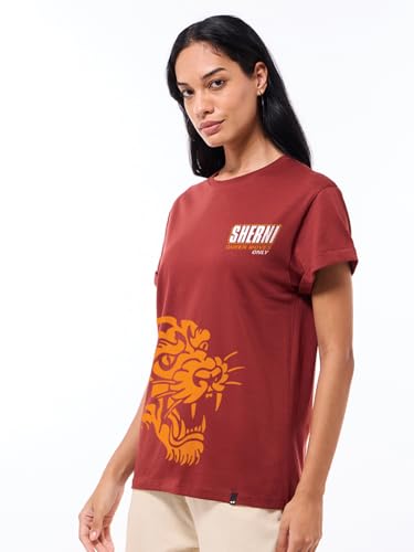 Image of Bewakoof Women's 100% Cotton Typography Boyfriend Fit Half Sleeve Round Neck T-Shirt | Casual wear | Streetwear | Oversized Tshirt for Woman Cotton| Baggy