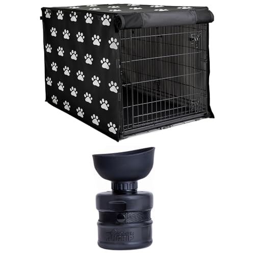 GORILLA GRIP Dog Crate Cover, 42in, Black White Paw and Dog Water Bottle, 12oz, Black Bundle