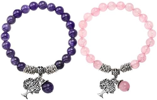 Top Plaza Amethyst & Rose Quartz Tree of Life Stretch Lucky Stone Bracelet Reiki Healing Crystal Gemstone Dangle Charms Pendant Birthstone Bracelet(6.2")