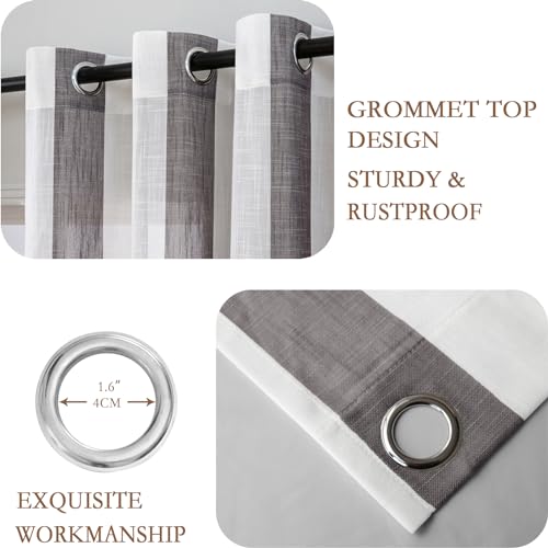 L.Z.E Semi Sheer Curtains for Living Room Bedroom Windows Short Curtains & Drapes Panels Charcoal Black White Striped Faux Linen Look with Eyelet 57 Inch Drop - Image 3