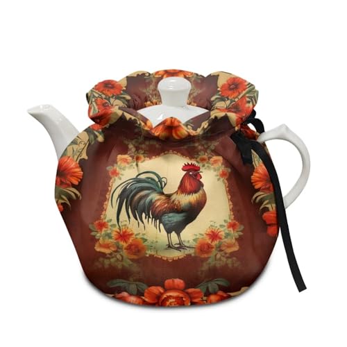FUIBENG Flower Chicken Tea Cozy Home Decor Hen Rooster Teapot Warmer Tea Pot Cover Stain Resistant Drawstring Tea Cozy Keep Tea Warm