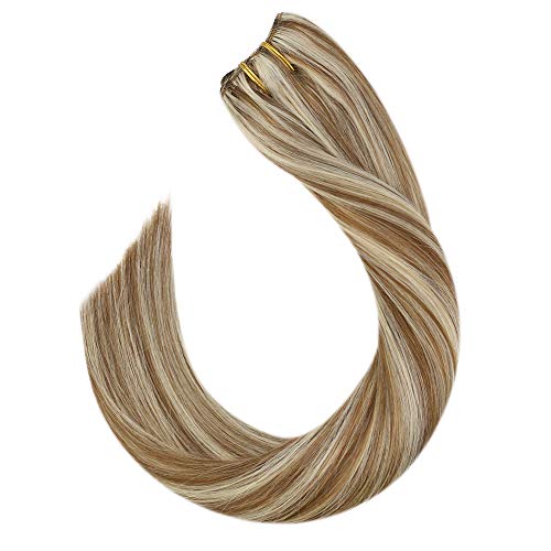 Ugeat Clip en Extensiones de cabello Cabello Humano 14Pulgada Golden Brown Highlight with Bleach Blonde 120g Full Head Recta Suave Clips de Extensión en