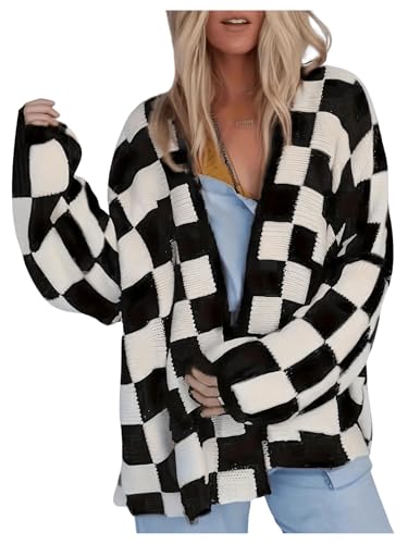 SOLY HUX Women's Plus Size Plaid Cardigan Sweaters Checkered Long Sleeve Open Front Knit Cardigans