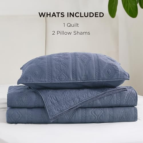 Bedsure 100% Cotton Quilt Set - Lightweight Queen Bedspread, Navy Blue Cozy Bedding Coverlet 3-Piece with Pillow Shams in Geometric Pattern for All Season, 90x96 inches, 100% Cotton Voile