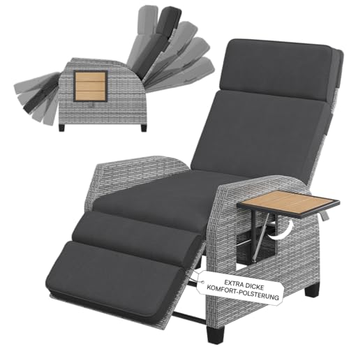 STEELSØN Caelum Polyrattan Sessel mit Liegefunktion – Relaxsessel mit Verstellbarer Rückenlehne und Ausklapptisch – Liegestuhl mit Dicker Polsterung – Gartenliege wetterfest Terrasse/Balkon - grau