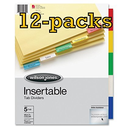 Wilson Jones Tab Dividers, Insertable, Multicolor Tabs, 5-Tabs, 12 sets