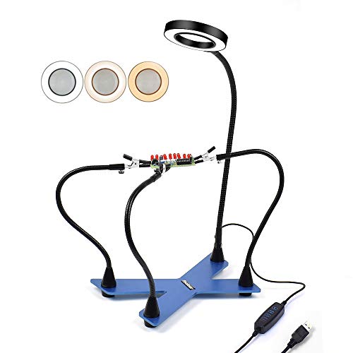 Helping Hands Soldering Toolour Third Hand Tools - 4 Metal Arms with 3X Magnifying Glass Adjustable LED Round Light Crocodile Clips and Heavy Duty Base for Electronic Repair Soldering Jewelry Crafts