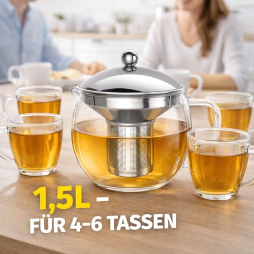 Teekanne Glas 1,5L mit Sieb – Tropffrei Glasteekanne aus Borosilikat, Edelstahl Filter, Deckel aus Edelstahl (Silber), großer Teebereiter für losen Tee