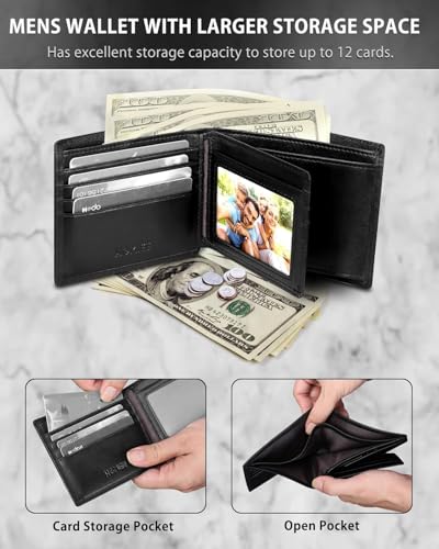 Genuine Leather Wallet for Men, RFID Blocking Slim Bifold with ID Window, Coin Slot, and Large Capacity (Black)3