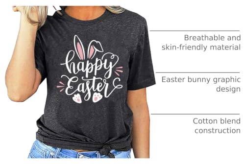 Image of Women Happy Easter T Shirt Bunny Rabbit Graphic T-Shirt Funny Letter Printed Shirts Short Sleeve Tops