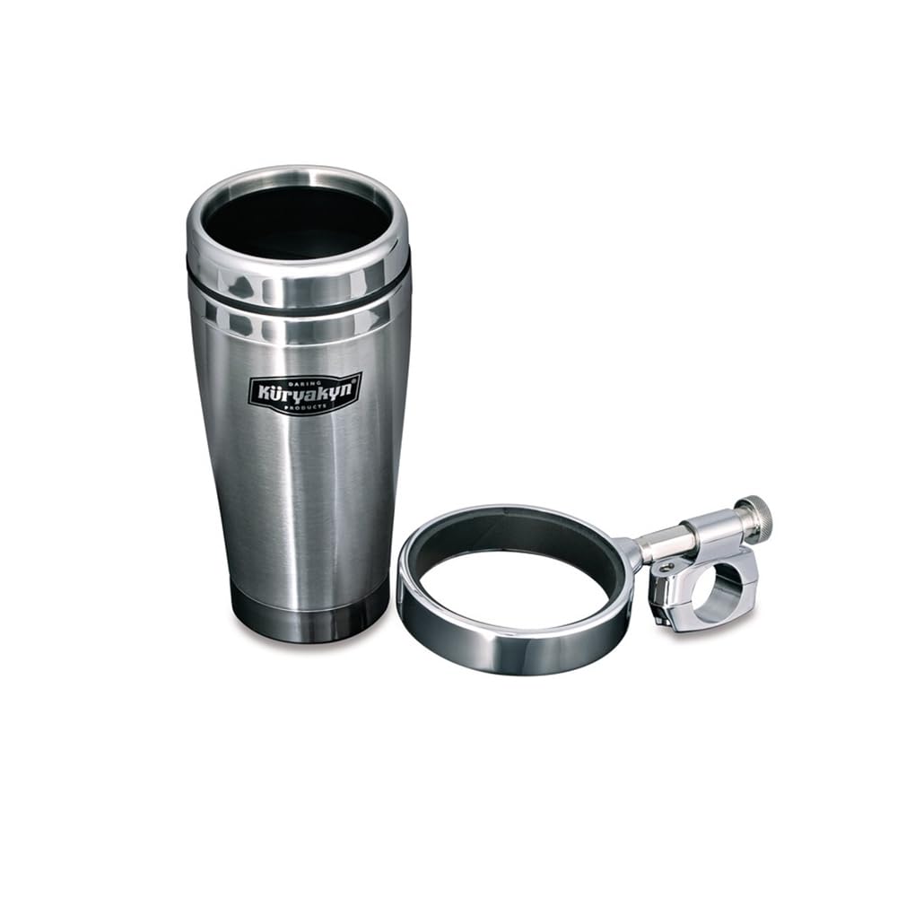 Kuryakyn 1463 Motorcycle Handlebar Accessory: 12 fl oz Stainless Steel Mug with Universal Drink/Cup Holder for Motorcycles with Perch Mount, Chrome