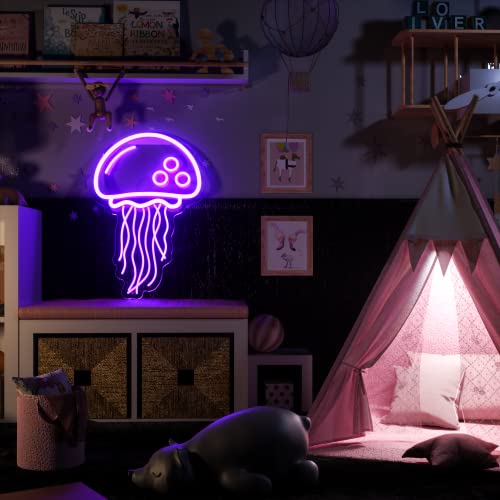 Image of Jellyfish Neon signs for wall decor,Powered by USB Purple LED Neon Light Sign，3D Art Aesthetic Jelly Fish Neon Sign for Birthday Party,Jellyfish Decor, Kids Gifts