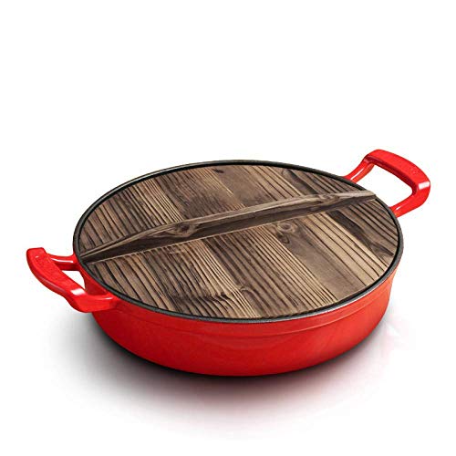Gusseisen Wok Pfanne Bratpfanne Emaille Haushalt Verdickter Holzdeckel Bratpfanne Induktionsherd Gasherd Universal, Rot