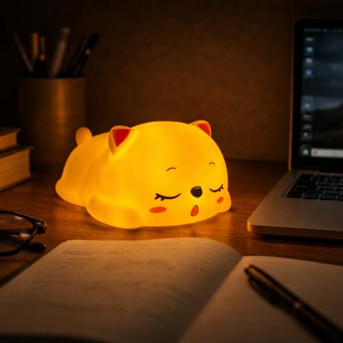Image of Cute Sleeping Cat Night Light Lamp, Yellow LED Bedside Light for Kids & Teens, Small Decorative Night Lamp for Bedroom & Desk, Battery Operated, Gift for Birthday, Valentine's Day & Christmas