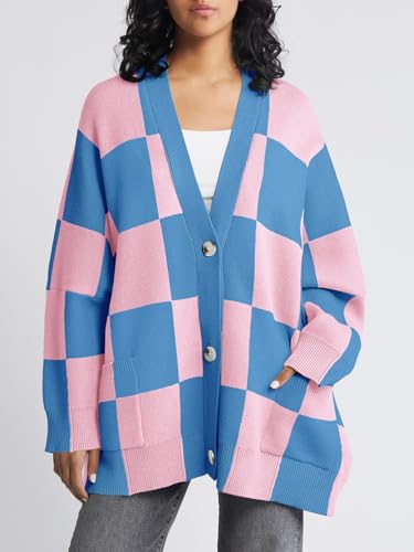Saodimallsu Womens Checkered Sweater Color Block Plaid Oversized Cardigan Long Sleeve V Neck Button Down Knit Coats2