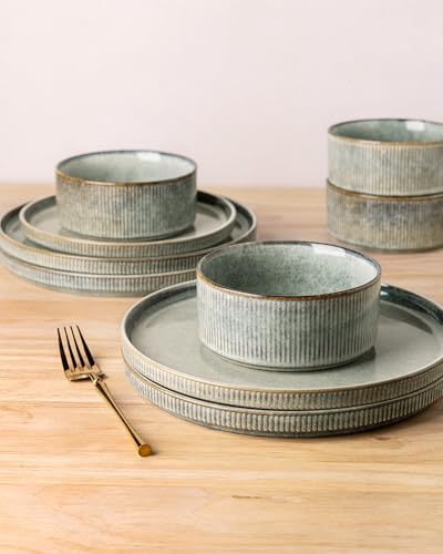 GBhome Steingut Geschirrset 6 Personen, 18-tlg Reaktive Glasur Handarbeit Steingut Geschirr Set, Mikrowellen- & Spülmaschinenfest Schüssel- und Teller Set,Desret Salbei