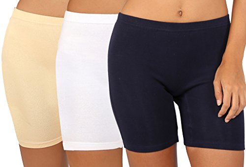 Image of Bralux Cycling Shorts for Women, Girls with Cotton Spandex Set of 3 - Multi Colour Rib Shorts