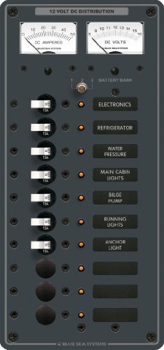Blue Sea Systems 8082 PANEL DC 10 POS W/VOLT & AMTR DC 10 Position, 5-1/4" W x 11-1/2" H