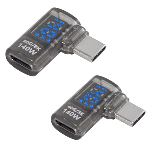 Poyiccot LED Display USB C Right Angle Adapter, 2Pack USB C 90 Degree Adapter 40Gbps 140W 8K@60Hz, Current Voltage Display Tester USB C Extender Compatible for Thunderbolt 4/3, MacBook, Laptop