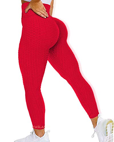 Women High Waist Textured Yoga Pants Scrunch Butt Leggings Booty Lifting Workout Ruched Gym Tights Red XL