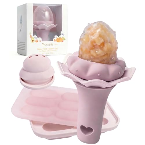 Image of Moonkie Baby Fruit Feeder with Freezer Tray, BPA Free Silicone Food Feeder for Infant Self Feeding, Breastmilk Popsicle Molds, Mesh Feeder with Two Pouches, Baby Shower Gifts 4 Months+, 1 Pack