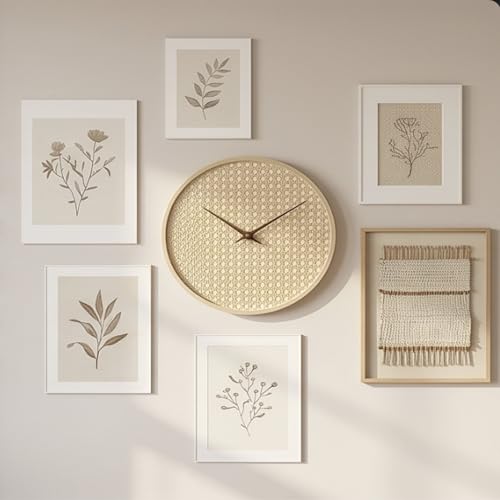 Image of The Artment your artistic apartment Beige CaneHalo Clock Natural Cane Weave Wall Clock, Silent Quartz Movement, Wooden Frame Minimalist Round Clock for Living Room, Bedroom, Office Decor