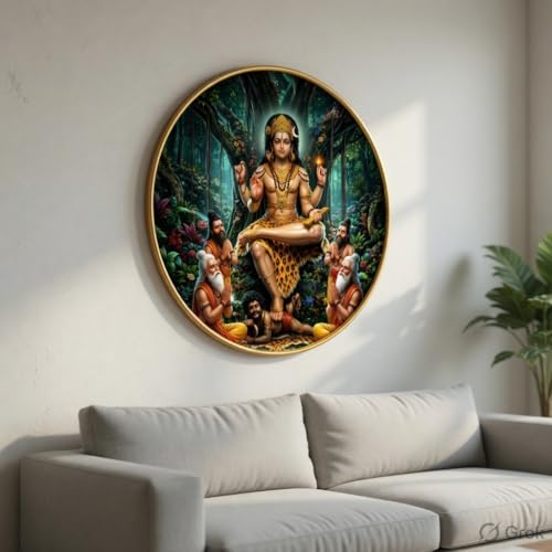 Image of SAF Sri Dakshinamurthy Wall Art with PVC Round Frame | Sparkle Laminated Guru Form of Lord Shiva Teaching Sages Painting | Spiritual Wall Decor for Home Temple Study Room Office Gift
