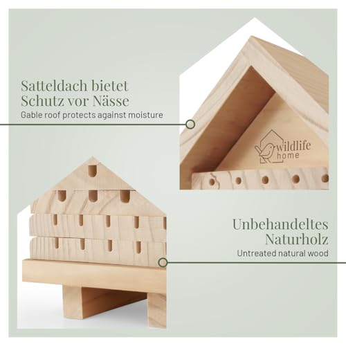 WILDLIFE HOME Bienenhotel aus Naturholz I Insektenhotel, Bienenhaus, Nisthilfe Unterschlupf für Wildbienen, Bienen I Wildbienenhotel für Garten & Balkon