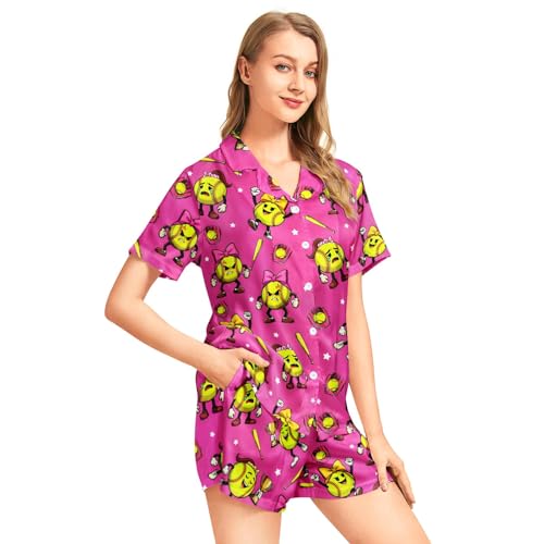 Image of Funny Pajamas for Women Set Print Satin Loungewear Pjs Short Sleeve Button Down Top and Shorts Sets Sleepwear XS-3XL