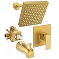 FROPO Brushed Gold Tub Shower Faucet Set With Valve, 8-Inch Square Gold Shower Head and Tub Faucet Set, Shower Faucet Set With Rain shower Head and Tub Spout, High-Pressure Tub Shower Trim Kit