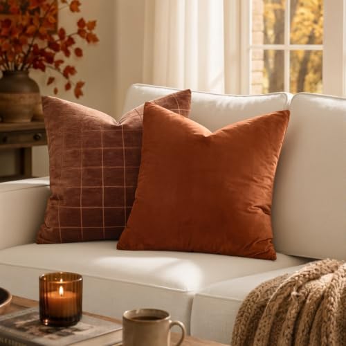 Image of MIULEE Fall Burnt Orange Plaid Euro Throw Pillow Covers 24x24 Set of 2
