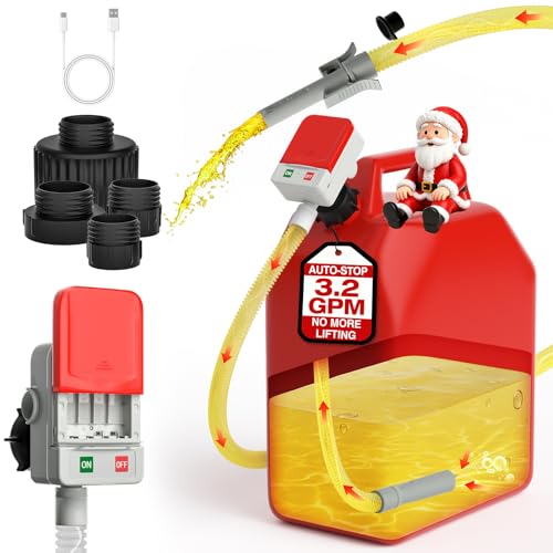 Keimi Fuel Transfer Pump with Auto-Stop, 3.2 Gallon per Min, 51' Extra Long Hose, Battery & USB Powered, 4 Can Adapters, Fast and Safe Gas Pump for Oil, Diesel and Gasoline