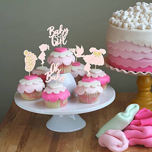 24Pcs Oh Baby Cupcake Toppers Baby Girl Cupcake Toppers With Bow Dress Footprint Swan Light Pink Glitter Babyshower Gender Reveal Cake Picks Decorations For Baby Shower Its A Girl Birthday Party Supplies #TOP4