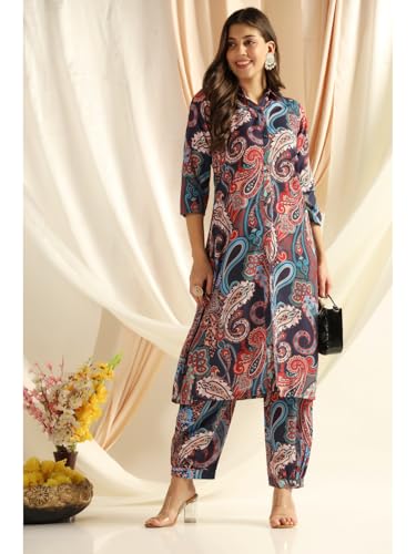 Image of DHRUVI TRENDZ Co Ord Set for Women Stylish | Ethnic Kurta Sets for Woman | Traditional Straight Kurti with Pant | Daily Comfortable Outfit for Office Ethnic Set | 3 /4 Sleeve Top with Relaxed Fit Pant