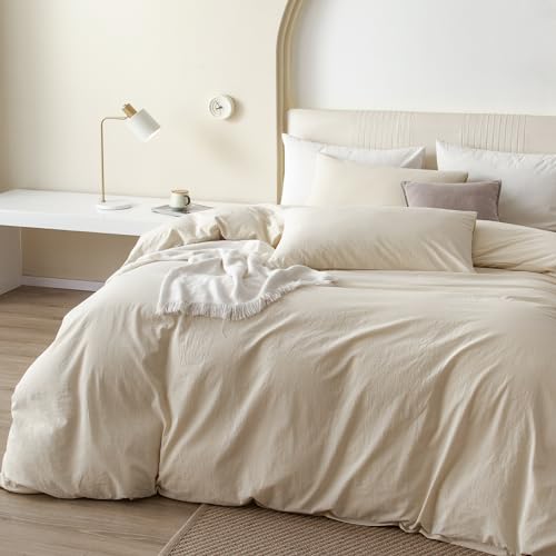 JIYUAN 100% Washed Cotton Duvet Cover Set 3 PCS Oversized King Plus, 1 Duvet Cover 128"x120"(Comforter Not Included) and 2 Pillowcases,Linen Feel Bedding Set Comfy and Breathable,Heathered Beige