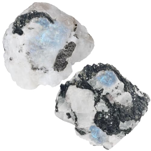 Image of 2Pcs Moonstone Crystals 1.8-2.2 inch Large Raw Crystals and Healing Stones Rough Rocks for DIY Wrapping Wire Cabbing Gifts Fountain Decoration Polishing Wicca Reiki Natural Rainbow Moonstone Rock