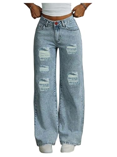 GORGLITTER Girl's Baggy Jeans Wide Leg Ripped Frayed Trim High Waist Cute Denim Pants with Pockets