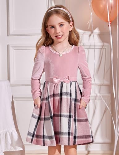 Arshiner Girls Dresses Long Sleeve Velvet Plaid Patchwork Holiday Party Dress with Pockets3